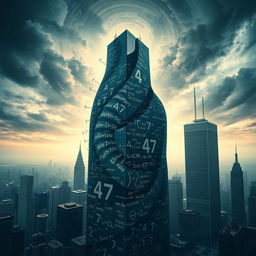 A psychological novel book cover that vividly depicts themes of madness and being lost in an imaginary mathematical mind, set within a chaotic cityscape dominated by towering skyscrapers