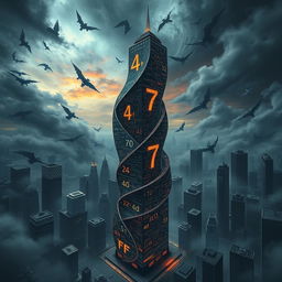 A psychological novel book cover that vividly depicts themes of madness and being lost in an imaginary mathematical mind, set within a chaotic cityscape dominated by towering skyscrapers