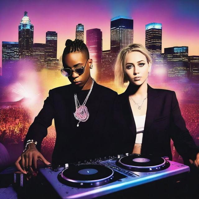 DJ Jeff Mills and Miley Cyrus passionately DJing at the energetic Hart Plaza, surrounded by vibrant lights and a pulsating crowd, with the striking Detroit skyline in the backdrop