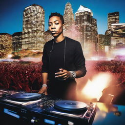 DJ Jeff Mills and Miley Cyrus passionately DJing at the energetic Hart Plaza, surrounded by vibrant lights and a pulsating crowd, with the striking Detroit skyline in the backdrop