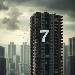 A psychological novel book cover illustrating themes of madness and being lost in an imaginary mathematical mind, set against a realistic apartments building in an urban cityscape