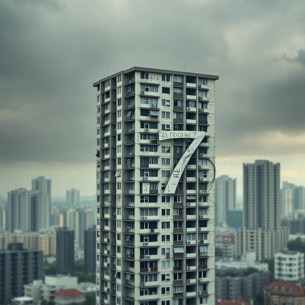 A psychological novel book cover illustrating themes of madness and being lost in an imaginary mathematical mind, set against a realistic apartments building in an urban cityscape