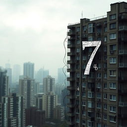 A psychological novel book cover illustrating themes of madness and being lost in an imaginary mathematical mind, set against a realistic apartments building in an urban cityscape
