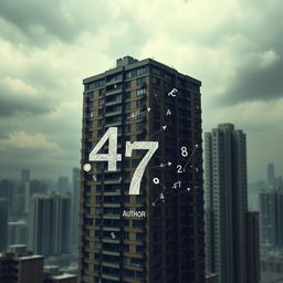 A psychological novel book cover illustrating themes of madness and being lost in an imaginary mathematical mind, set against a realistic apartments building in an urban cityscape