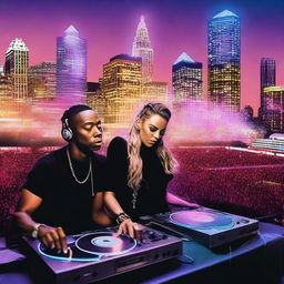 DJ Jeff Mills and Miley Cyrus passionately DJing at the energetic Hart Plaza, surrounded by vibrant lights and a pulsating crowd, with the striking Detroit skyline in the backdrop