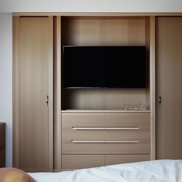 A tastefully designed bedroom wall transformed into a stylish TV cabinet wall unit, complete with an integrated clothing cabinet.