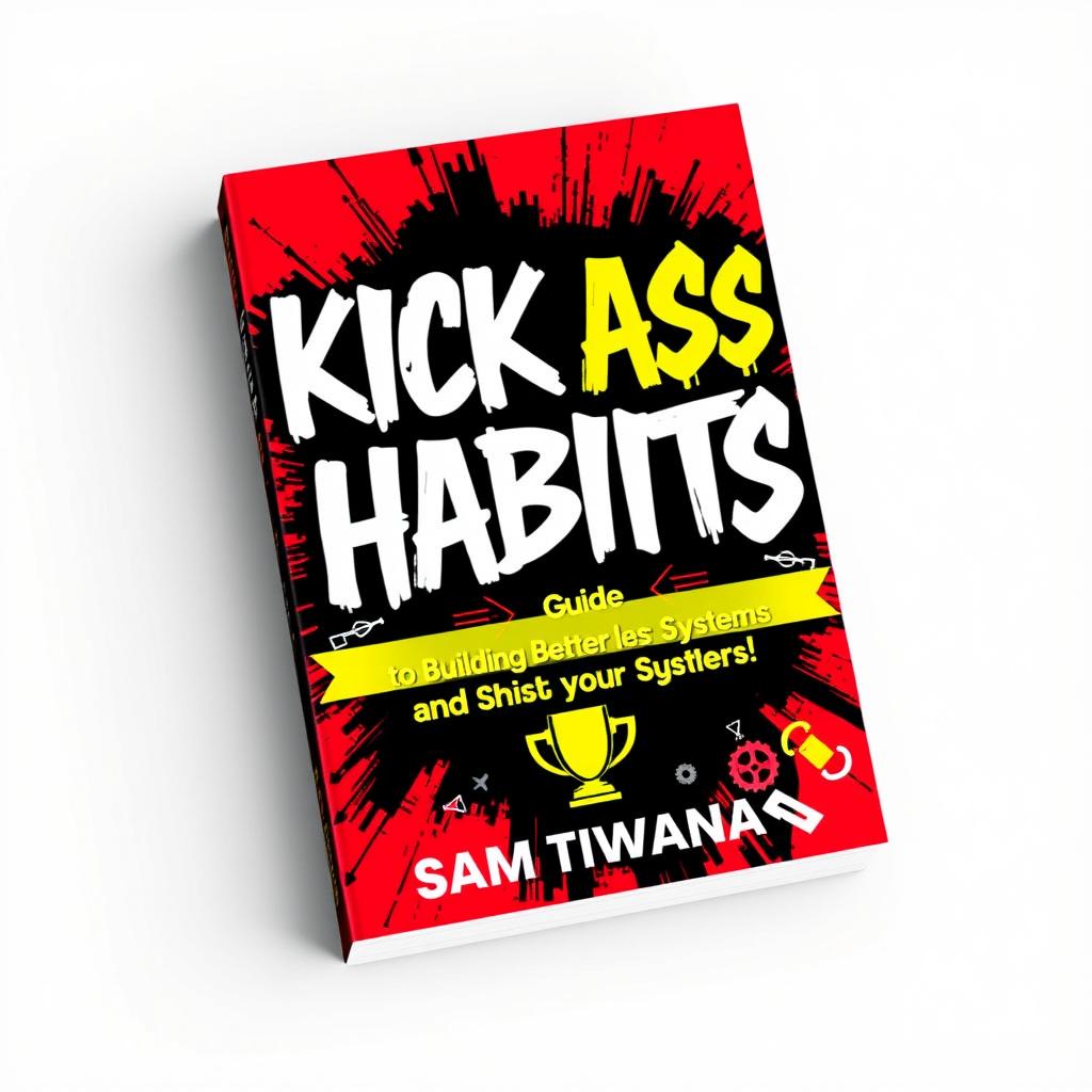 A visually striking book cover design for 'KICK A$$ HABITS: No B$ Guide to Building Better Systems and Crushing Your Goals' prominently featuring the title in large, bold, graffiti-style font that conveys energy and confidence