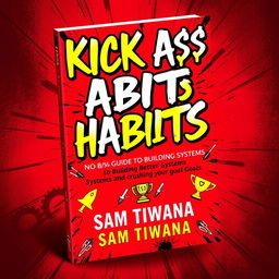 A visually striking book cover design for 'KICK A$$ HABITS: No B$ Guide to Building Better Systems and Crushing Your Goals' prominently featuring the title in large, bold, graffiti-style font that conveys energy and confidence