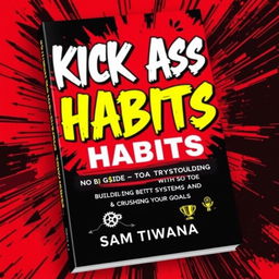 A visually striking book cover design for 'KICK A$$ HABITS: No B$ Guide to Building Better Systems and Crushing Your Goals' prominently featuring the title in large, bold, graffiti-style font that conveys energy and confidence