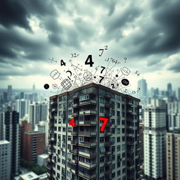 A psychological book cover that encapsulates the themes of madness and being lost in an imaginary mathematical mind, set against a backdrop of a realistic apartments building in an urban environment