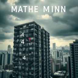 A psychological book cover that encapsulates the themes of madness and being lost in an imaginary mathematical mind, set against a backdrop of a realistic apartments building in an urban environment