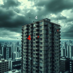 A psychological book cover that encapsulates the themes of madness and being lost in an imaginary mathematical mind, set against a backdrop of a realistic apartments building in an urban environment