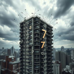 A psychological book cover that encapsulates the themes of madness and being lost in an imaginary mathematical mind, set against a backdrop of a realistic apartments building in an urban environment
