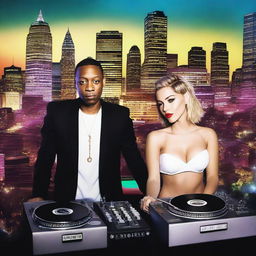 DJ Jeff Mills and Miley Cyrus passionately DJing at the energetic Hart Plaza, surrounded by vibrant lights and a pulsating crowd, with the striking Detroit skyline in the backdrop