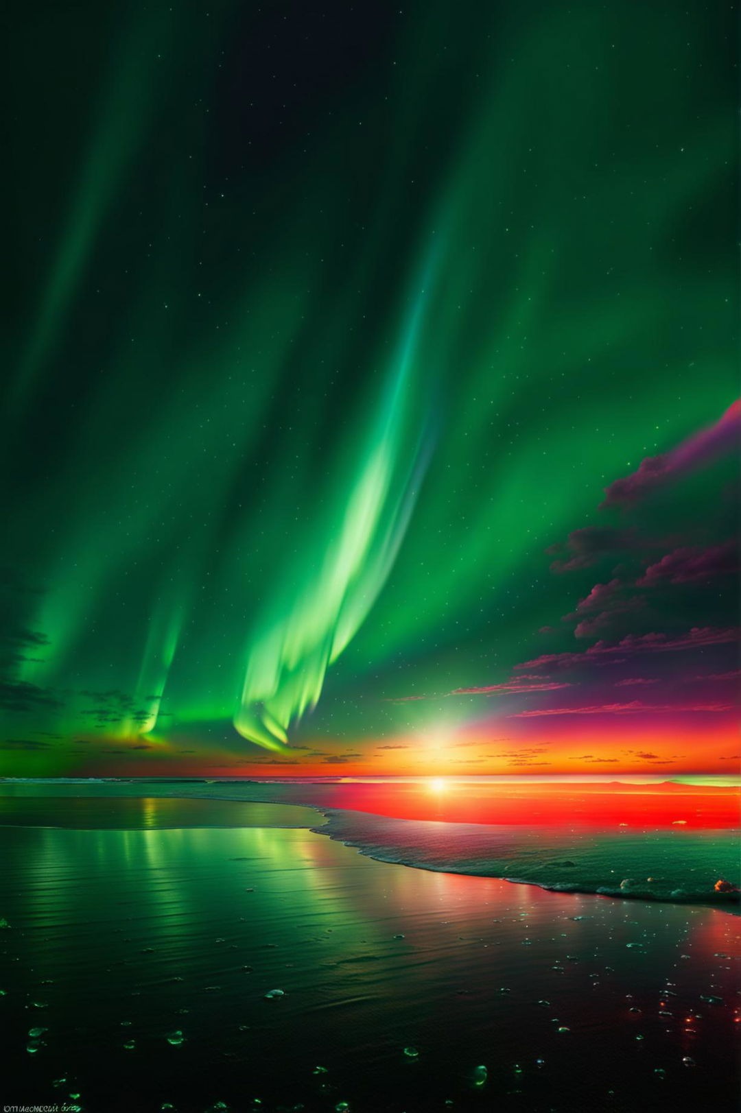 Sci-fi photograph of a cinematic sunset with Aurora Borealis, kaleidoscope water, and distant orange clouds.