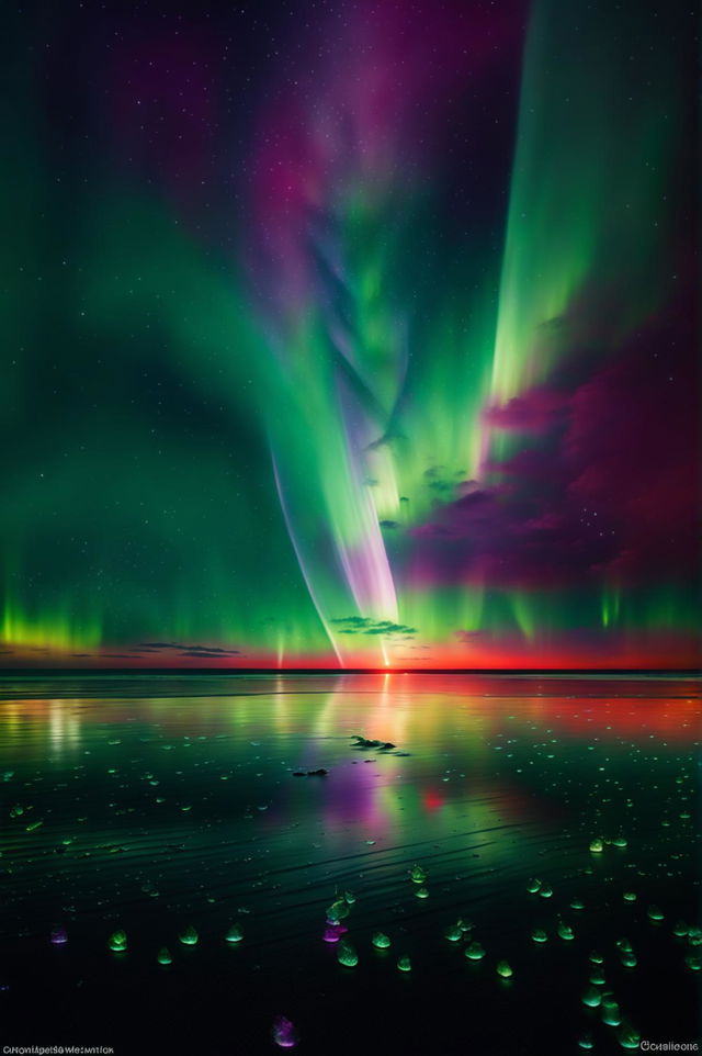 36K sci-fi photograph of a vivid, surreal Aurora Borealis over kaleidoscope water, under a cinematic sunset with distant orange clouds