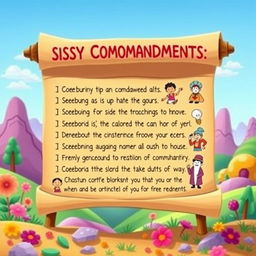 An artistic representation of the 'Sissy Ten Commandments', styled like a whimsical modern scroll