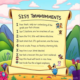 An artistic representation of the 'Sissy Ten Commandments', styled like a whimsical modern scroll