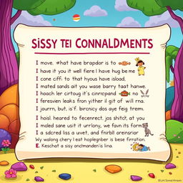 An artistic representation of the 'Sissy Ten Commandments', styled like a whimsical modern scroll