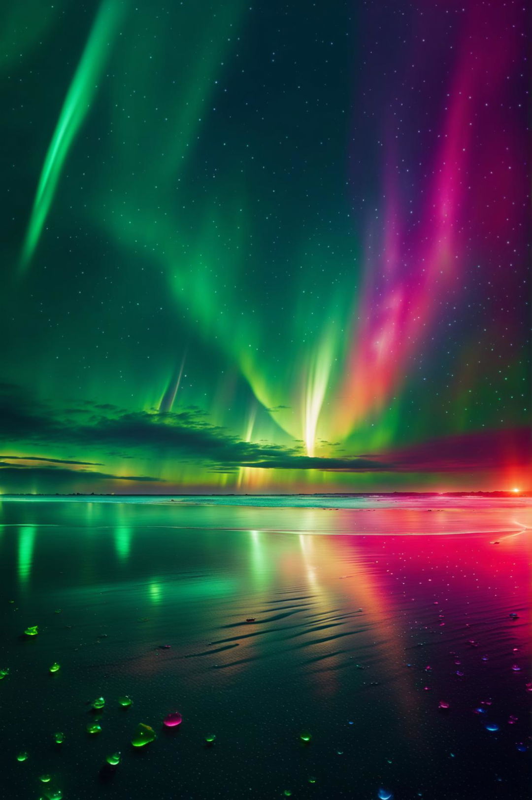 36K sci-fi photograph of a vivid, surreal Aurora Borealis over bioluminescent, kaleidoscope water under a cinematic sunset with distant orange clouds