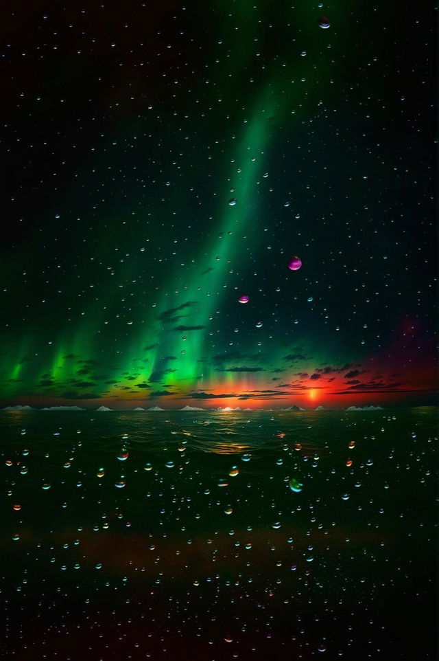 Surreal sci-fi photograph featuring colorful raindrops reflecting aurora borealis, orange clouds in distance, and bioluminescent plankton illuminating the ocean