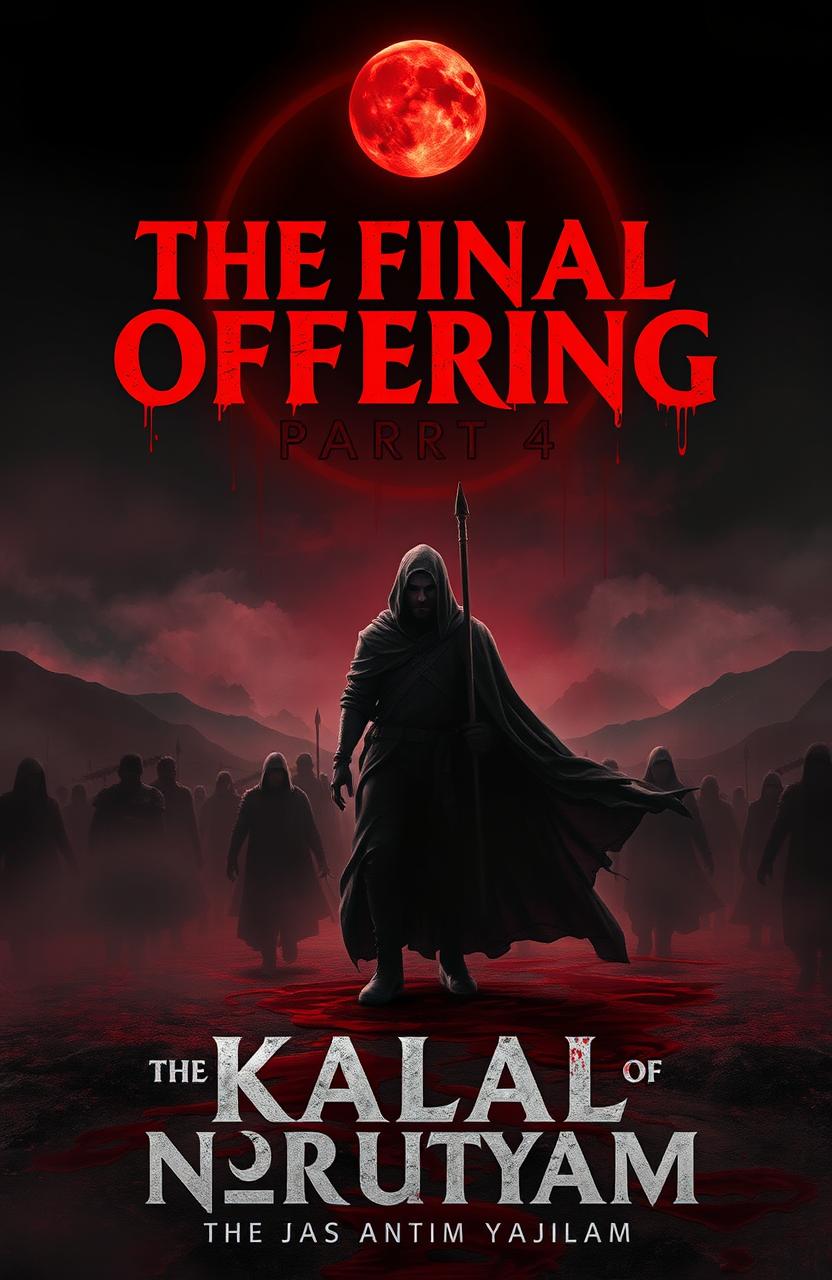 A powerful fantasy poster depicting a lone figure draped in the Shroud of Kaal standing on a blood-soaked ground, with a resolute expression and intense gaze