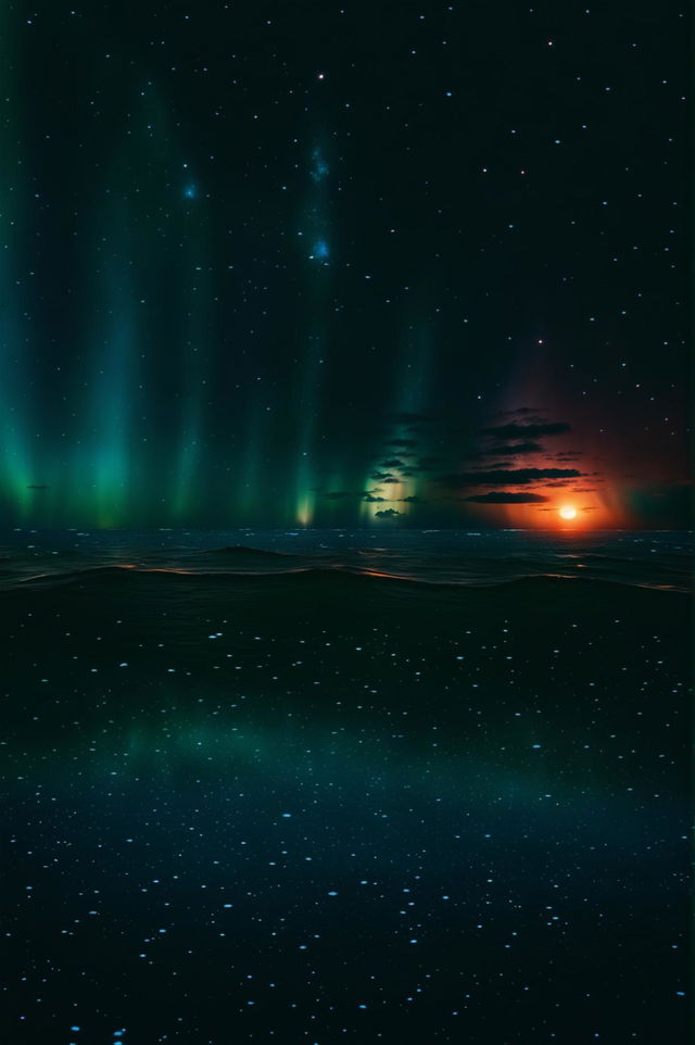 HD cinematic wide-angle shot of serene seascape with clusters of blue bioluminescent plankton illuminating the sea, captivating sunset on the orange horizon, and aurora in the sky