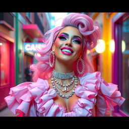A vibrant and eye-catching high fashion scene featuring a glamorous and confident model embodying the essence of high fashion sissy aesthetics