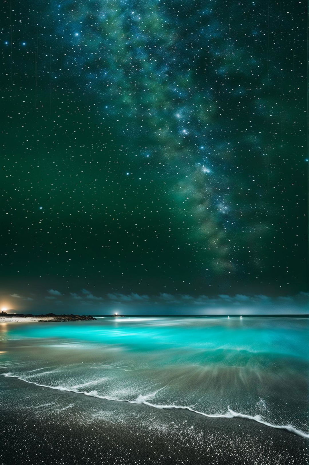 Mexican shoreline under starlit sky with visible Milky Way, illuminated by bioluminescent organisms, captured in high-definition nature photography