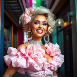 A vibrant and eye-catching high fashion scene featuring a glamorous and confident model embodying the essence of high fashion sissy aesthetics