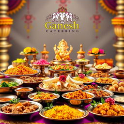 A vibrant and inviting front page design for 'Ganesh Catering', featuring a colorful and rich Indian banquet spread with traditional dishes such as biryani, butter chicken, paneer tikka, and an array of spices and fresh vegetables