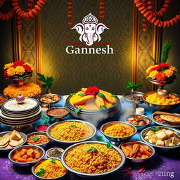 A vibrant and inviting front page design for 'Ganesh Catering', featuring a colorful and rich Indian banquet spread with traditional dishes such as biryani, butter chicken, paneer tikka, and an array of spices and fresh vegetables