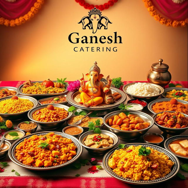 A vibrant and inviting front page design for 'Ganesh Catering', featuring a colorful and rich Indian banquet spread with traditional dishes such as biryani, butter chicken, paneer tikka, and an array of spices and fresh vegetables