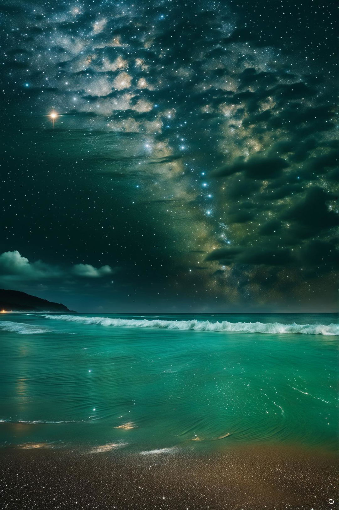 Mexican shoreline with golden sand under starlit sky with visible Milky Way, ocean waves illuminated by bioluminescence, captured in high-definition nature photography