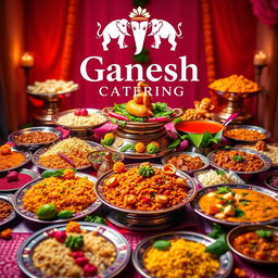 A vibrant and inviting front page design for 'Ganesh Catering', featuring a colorful and rich Indian banquet spread with traditional dishes such as biryani, butter chicken, paneer tikka, and an array of spices and fresh vegetables