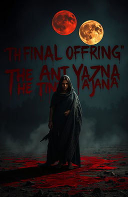 In a dark and ominous night, a lone figure stands on blood-soaked ground, draped in an intricate Shroud of Kaal