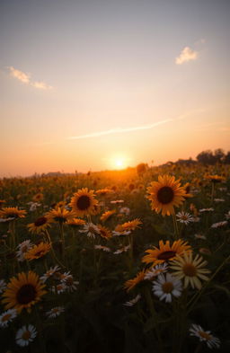 A captivating scene depicting a field of vibrant flowers bathed in the warm, golden light of dawn
