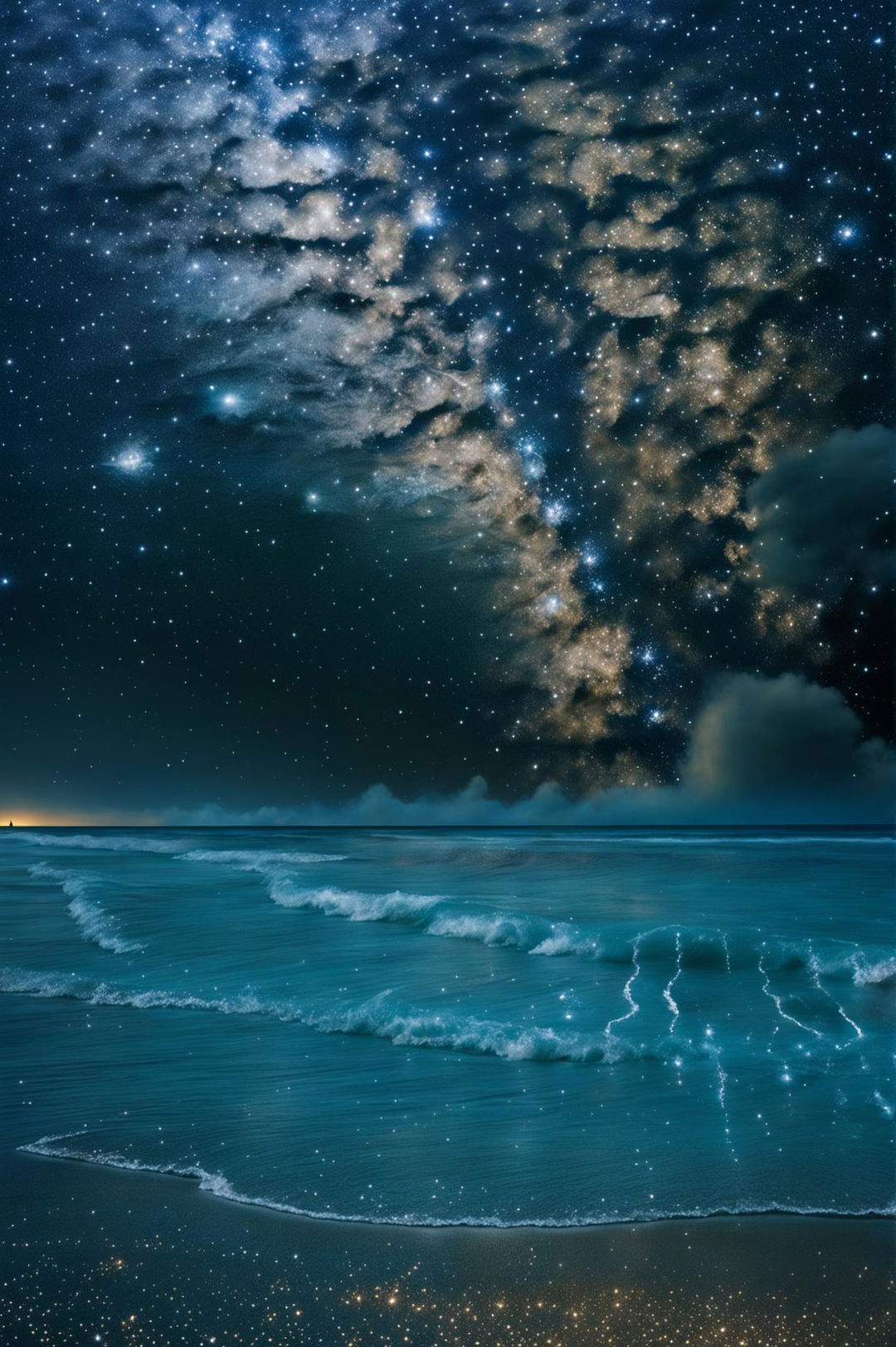 Electric blue bioluminescence in ocean waves breaking on a Mexican shoreline with golden sand, under starlit sky with visible Milky Way, captured in high-definition nature photography