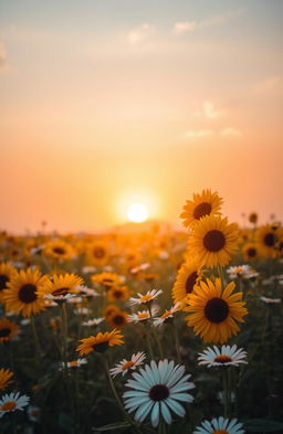 A captivating scene depicting a field of vibrant flowers bathed in the warm, golden light of dawn