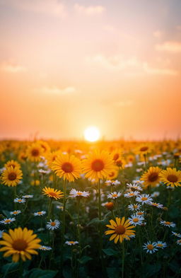 A captivating scene depicting a field of vibrant flowers bathed in the warm, golden light of dawn