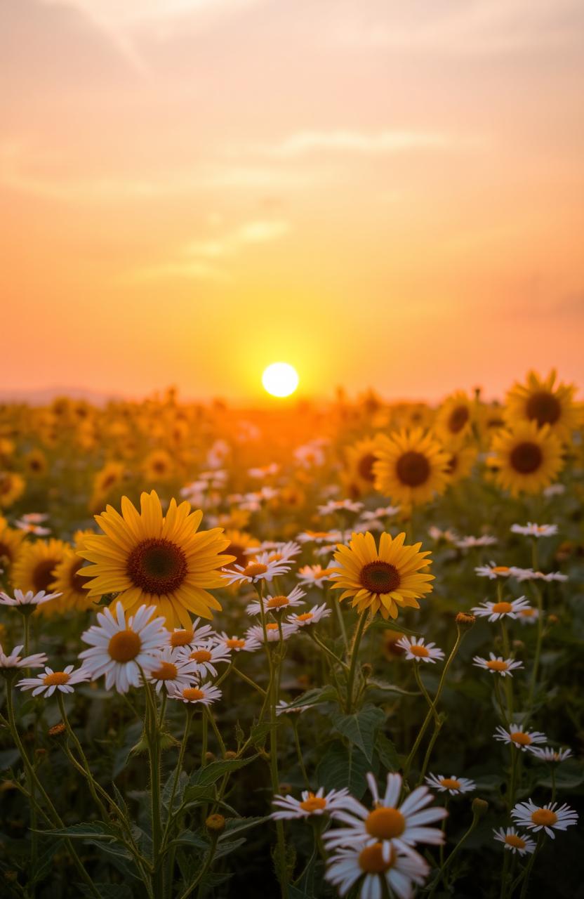 A captivating scene depicting a field of vibrant flowers bathed in the warm, golden light of dawn