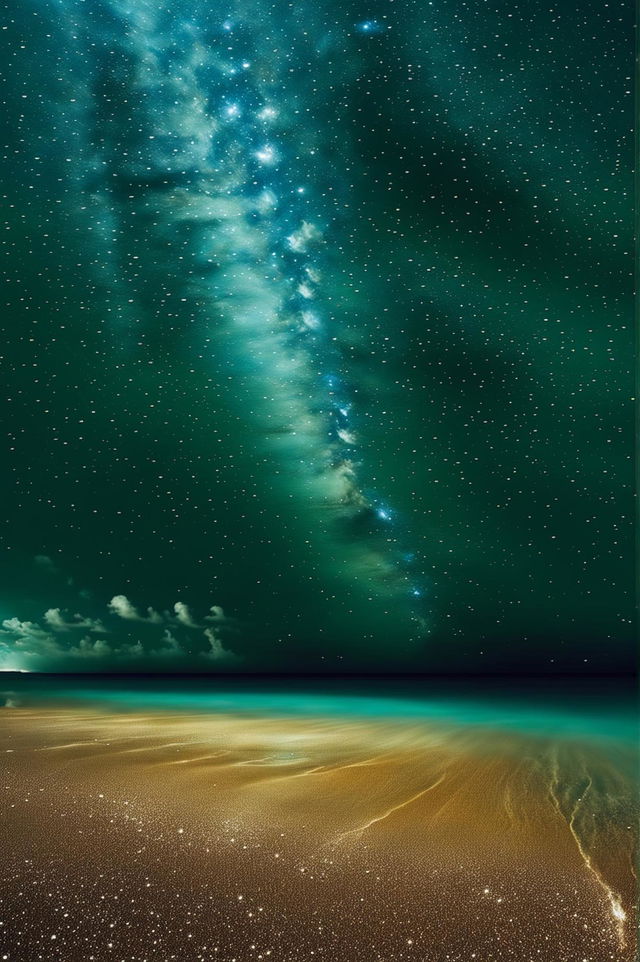 Mexican shoreline with golden sand under starlit sky with visible Milky Way, ocean waves intensely illuminated by bioluminescence, captured in high-definition nature photography