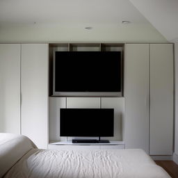 A tastefully designed bedroom wall transformed into a stylish TV cabinet wall unit, complete with an integrated clothing cabinet.