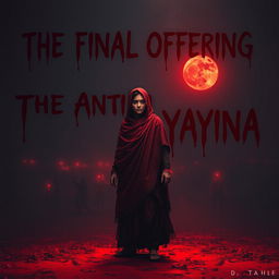 In the dark night pierced by a crimson glow, a lone figure stands on blood-soaked ground, draped in a detailed Shroud of Kaal
