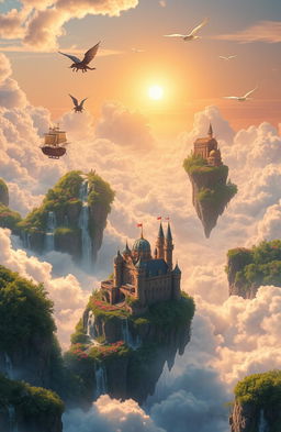 A breathtaking fantasy landscape depicting the Kingdom of Skyland, featuring floating islands covered in lush green forests and vibrant flowers
