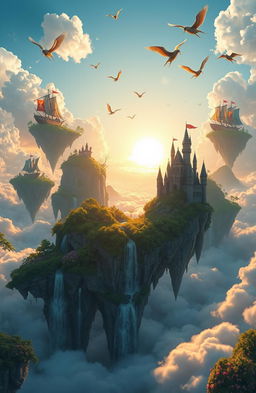 A breathtaking fantasy landscape depicting the Kingdom of Skyland, featuring floating islands covered in lush green forests and vibrant flowers