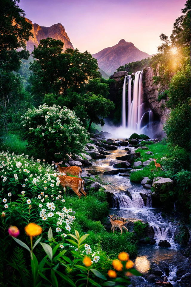 HD cinematic photograph of a tranquil forest scene with a waterfall, stream with fish, wildflowers, an orange tree, and a deer with fawn grazing by the water's edge against a backdrop of a sunset-illuminated mountain range