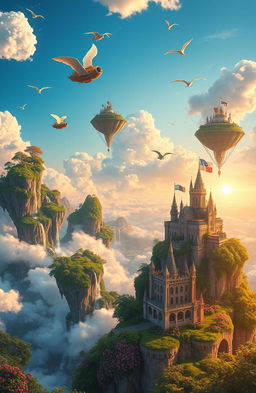 A breathtaking fantasy landscape depicting the Kingdom of Skyland, featuring floating islands covered in lush green forests and vibrant flowers