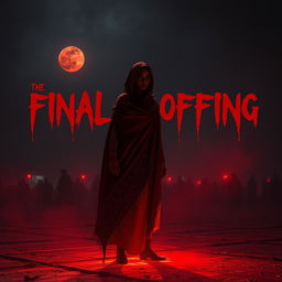 In the oppressive darkness of night, illuminated by a piercing crimson glow, a lone figure stands on blood-soaked ground, draped in the intricate Shroud of Kaal