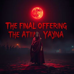 In the oppressive darkness of night, illuminated by a piercing crimson glow, a lone figure stands on blood-soaked ground, draped in the intricate Shroud of Kaal